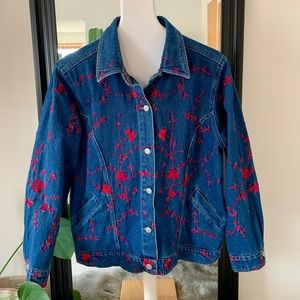 Denim & Co. Jean Jacket With Red Embroidery